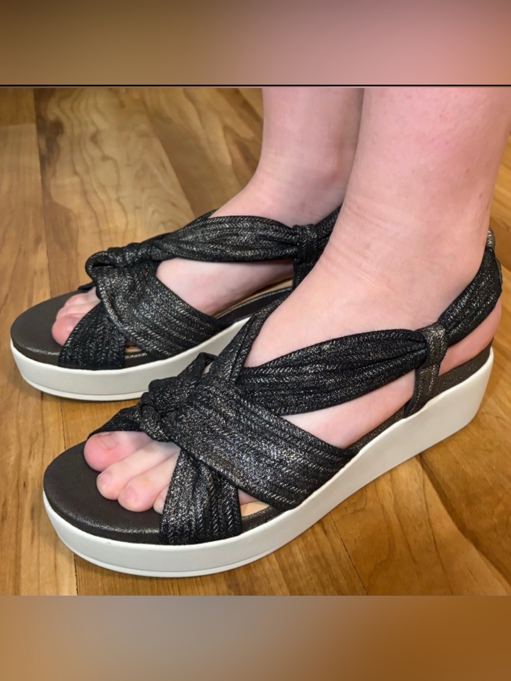 NWOT Naked Feet, Scorpius Twist Front Black Sandals with Metallic Sheen Size 8.5
